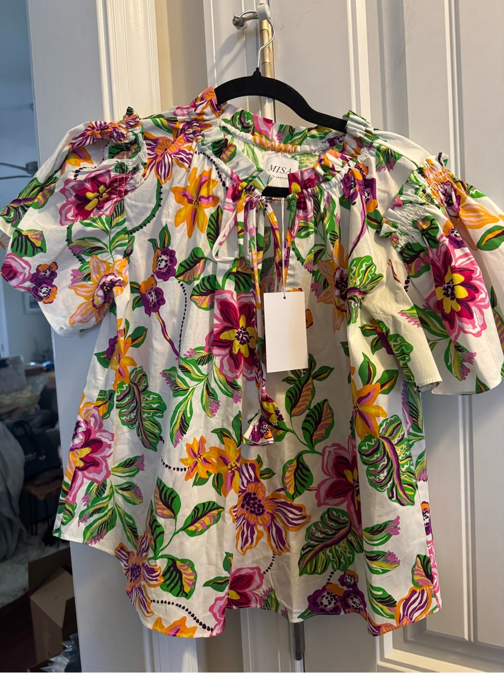 Misa Los Angeles White Floral Peasant Top with Pink, Yellow & Green Print